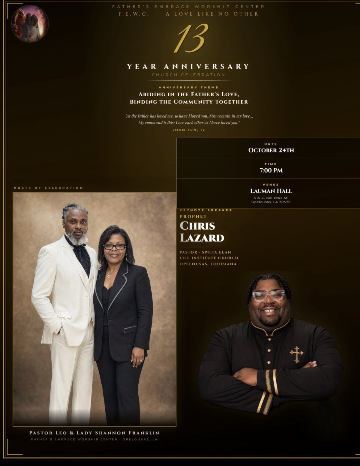 Father's Embrace Worship Center 13 Year Anniversary Celebration flyer — October 24th at 7:00 PM, Lauman Hall, Opelousas, Louisiana