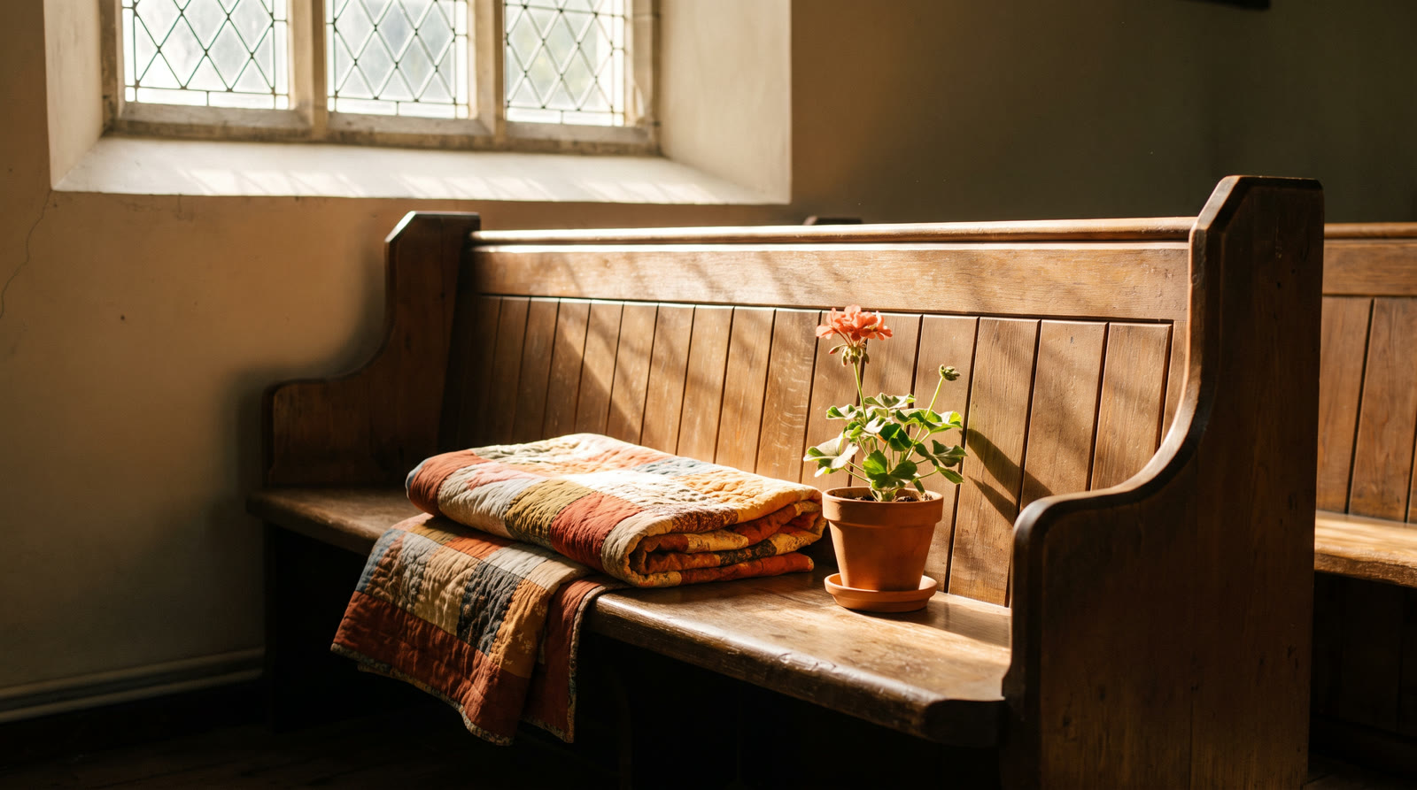 A folded quilt and potted flower resting on a sunlit wooden pew