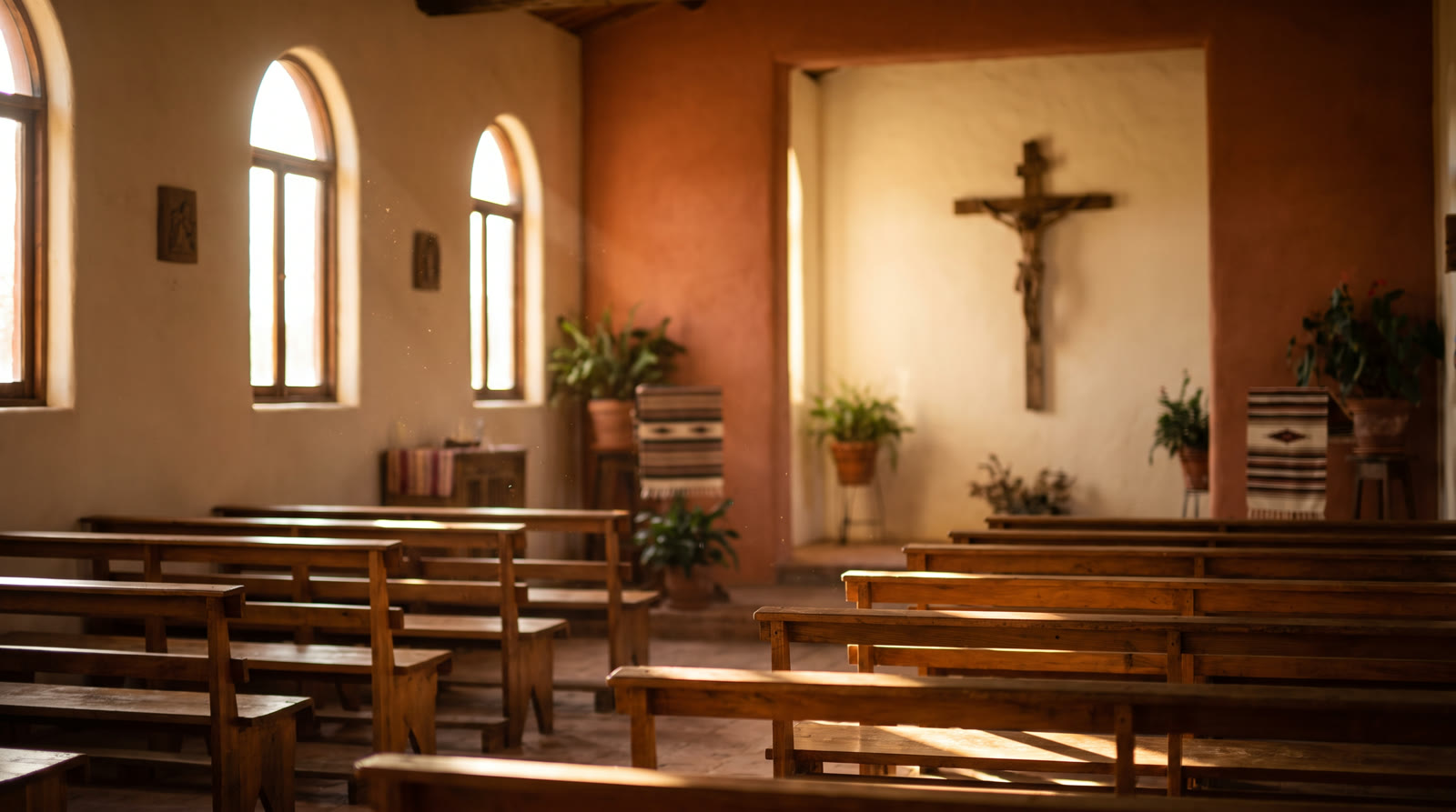 Warm, sunlit sanctuary interior with wooden pews